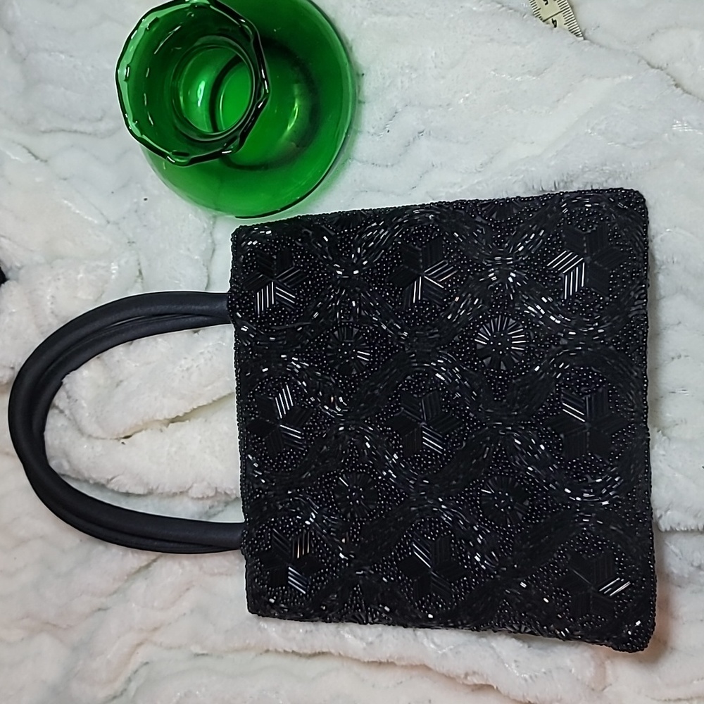 Magid Black Beaded mini purse with hoop handle, 6.5" x 6.75"